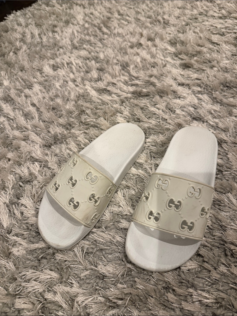 Gucci Cream and White Interlocking G Logo Slide Sandals